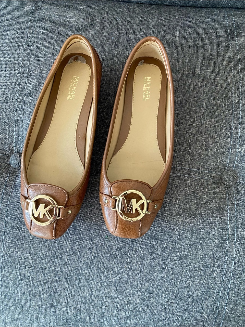Worn only twice, Michael Kors Women's Brown Leather MK Logo Ballet Flats